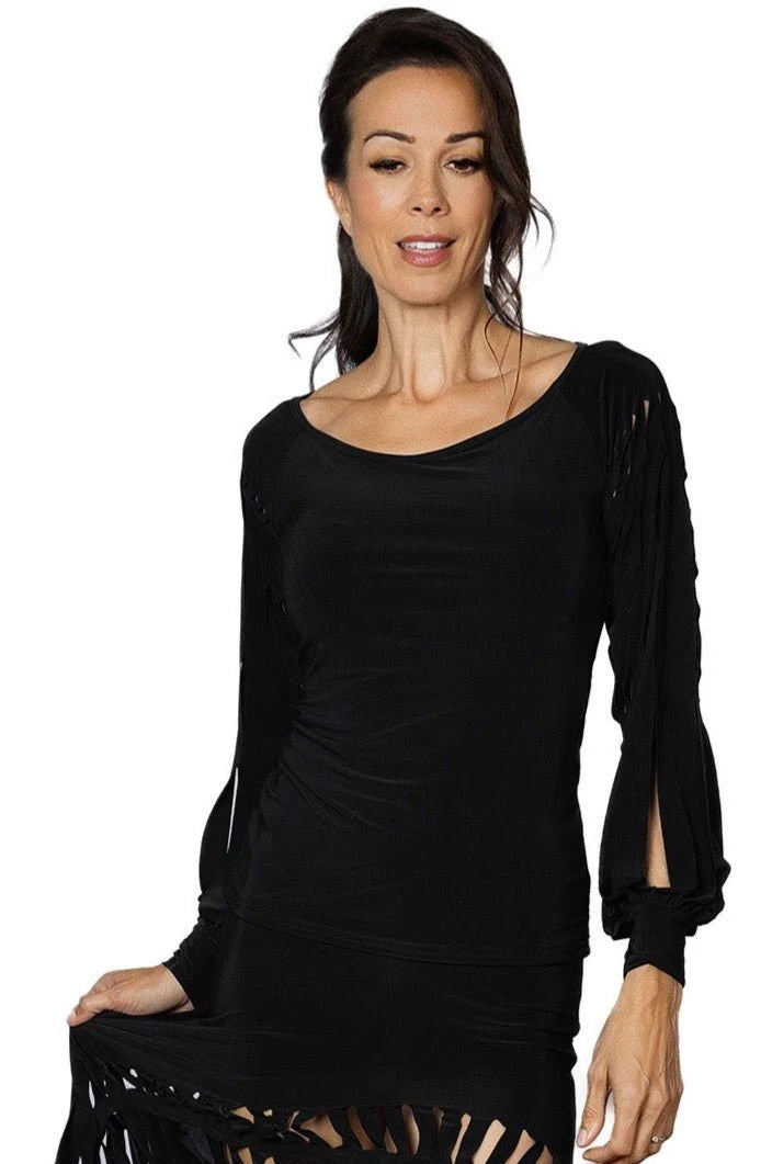 Women's Ballroom, Latin, American Rhythm, Tango, Salsa Top with Band Cut Sleeves