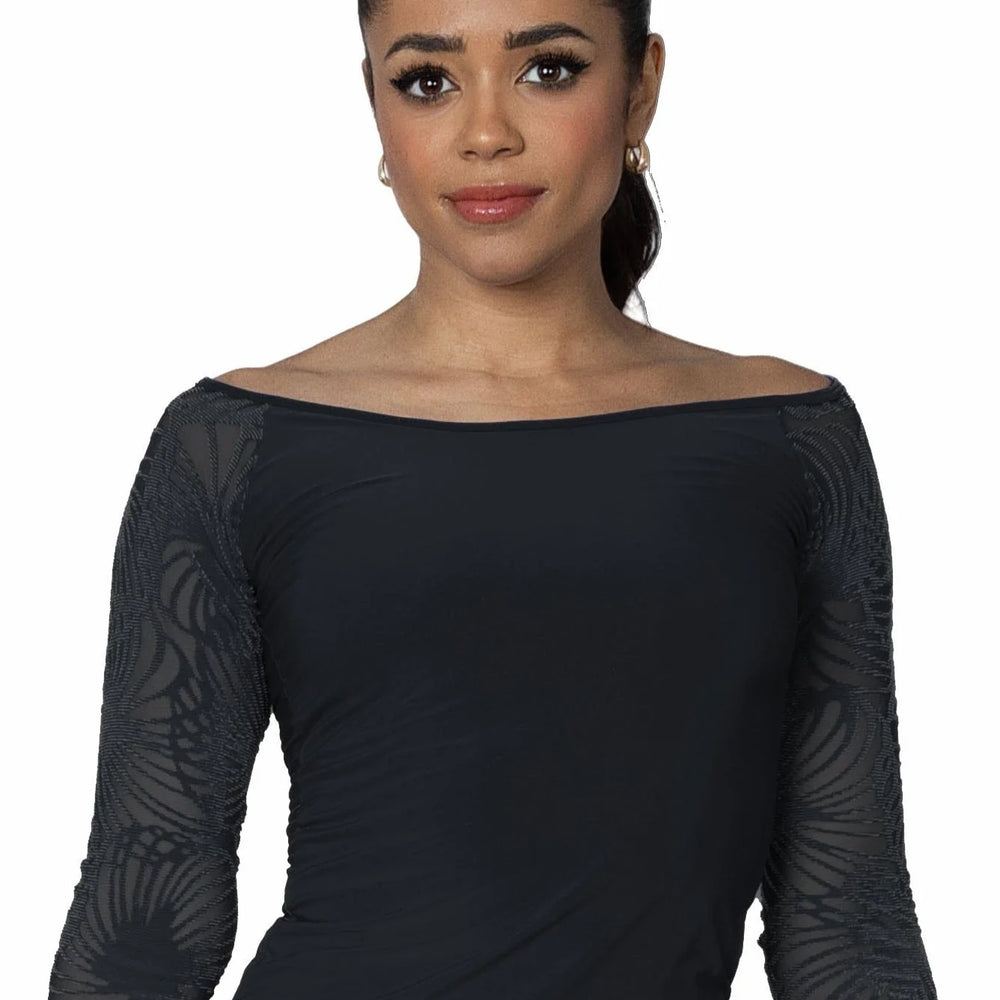 Women's Ballroom, Latin, American Rhythm, Tango T-shirt Top with Burnout Velvet Sleeves