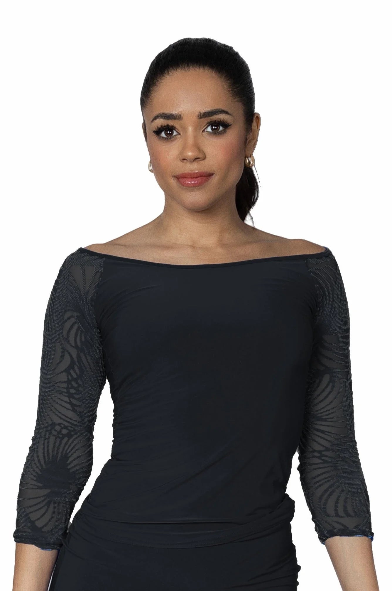 Women's Ballroom, Latin, American Rhythm, Tango T-shirt Top with Burnout Velvet Sleeves