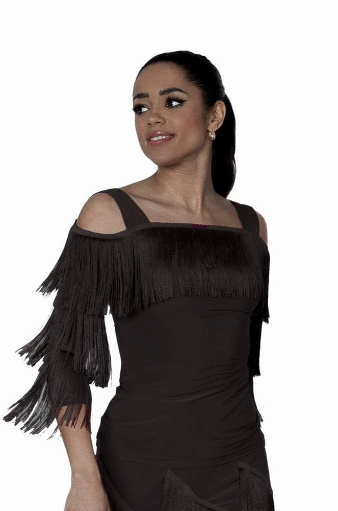 Women's Latin, American Rhythm Cold Shoulder Fringe Top Practice, Showcase, Competition