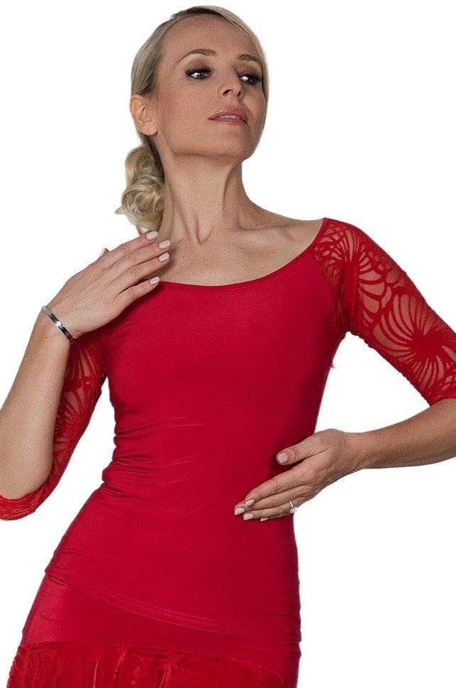 Women's Ballroom, Latin, American Rhythm, Tango T-shirt Top with Burnout Velvet Sleeves