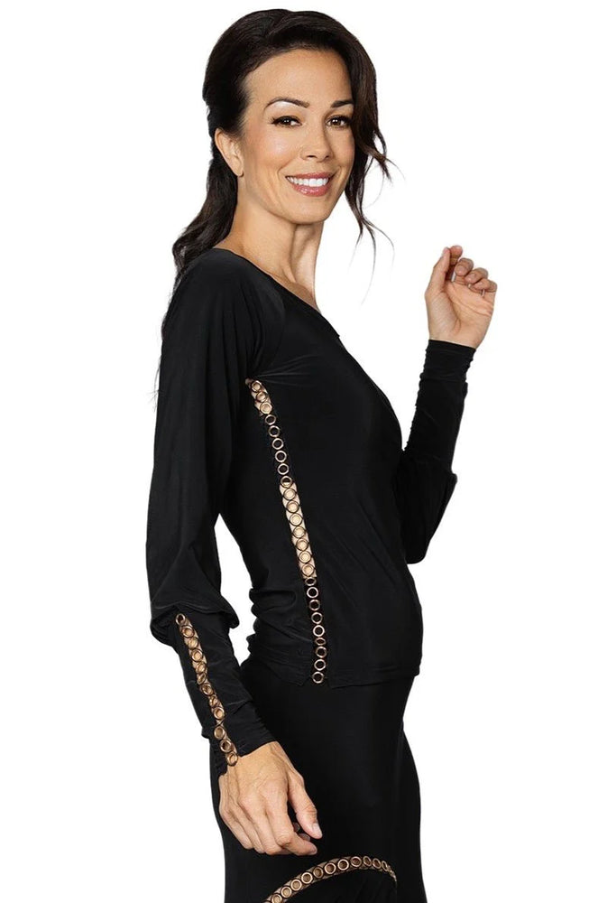 Women's Ballroom, Latin, American Rhythm, Tango, Salsa Gold Circle Embellished Top