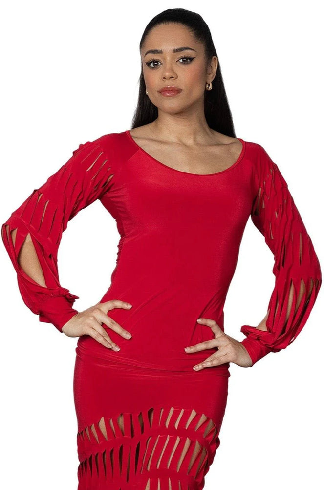 
                  
                    Women's Ballroom, Latin, American Rhythm, Tango, Salsa Top with Band Cut Sleeves
                  
                