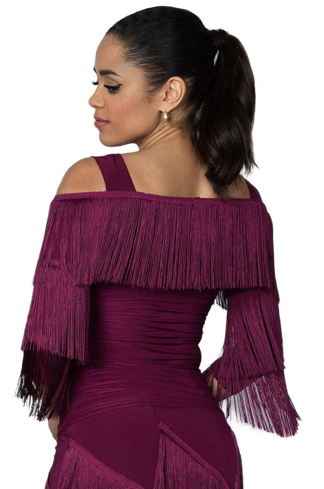 Women's Latin, American Rhythm Cold Shoulder Fringe Top Practice, Showcase, Competition