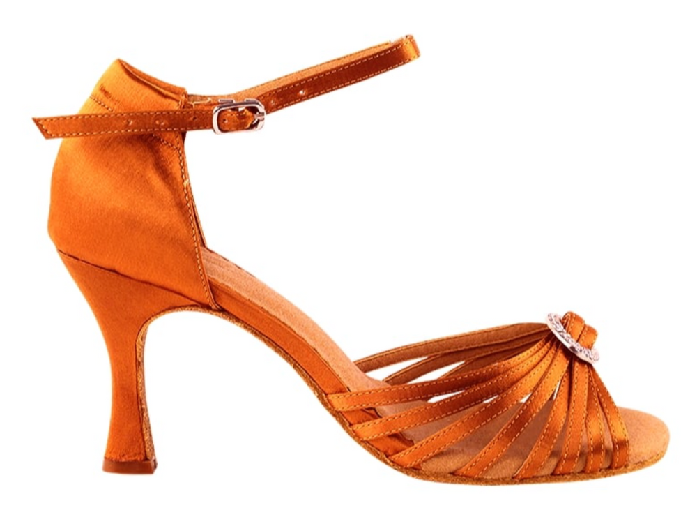 Orange Tan Satin American Rhythm, International Latin, Salsa, Bachata, Merengue, Social Dance Shoes for Women