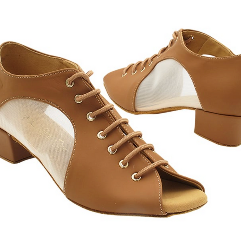 Brown Nubuck Flesh Mesh Women's Practice Dance Shoes