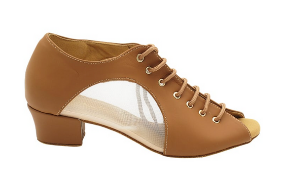 Brown Nubuck Flesh Mesh Women's Practice Dance Shoes